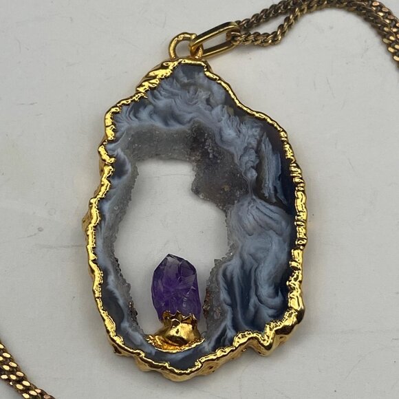 Amethyst Agate Geode Drusy Pendant Necklace Nickel Free Gold Tone 24" Chain - Picture 2 of 6